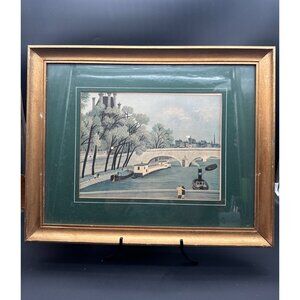 Vintage Framed Art Print 1940’s Artwork River with Bridges and Boats